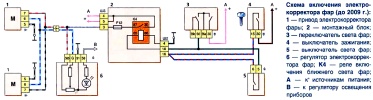 Схема включения электрокорректора фар в систему электрооборудования Chevrolet Niva ВАЗ-2123 до 2009 года выпуска