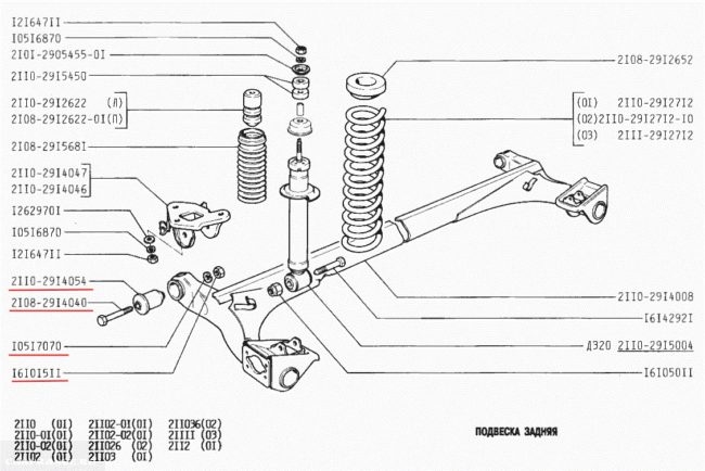 Схема задней подвески ВАЗ-2110 с указанием артикулов деталей