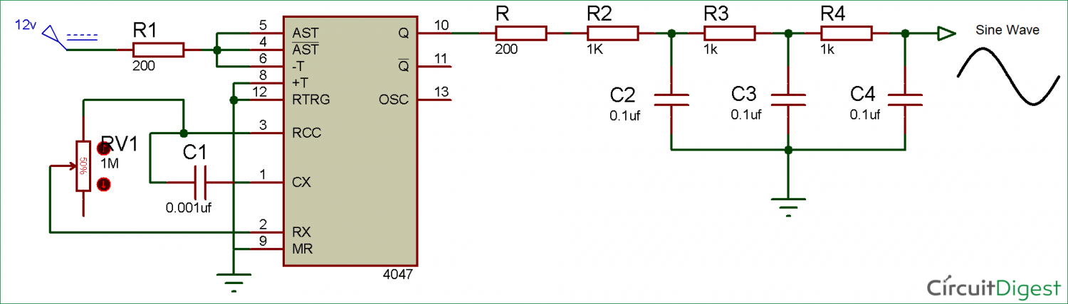 Sine wave generator circuit diagram using IC 4047