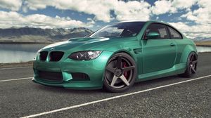 Превью обои bmw, m3, e92, green, бмв, м3, авто, машина, зелёная, дорога, небо, облака