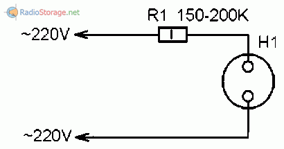 Типовая схема подключения неоновой лампы к сети 220В