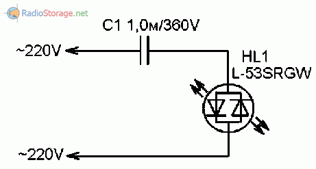 Схема индикатора сети 220В на двухцветном светодиоде и конденсаторе