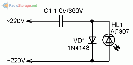 Схема индикатора сети 220В с одним светодиодом и конденсатором