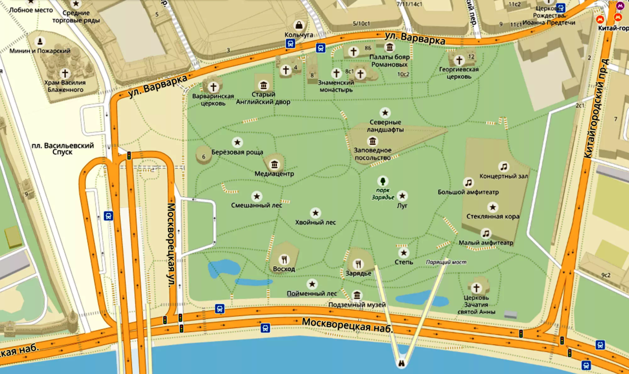 Современная территория парка «Зарядье» на карте Москвы