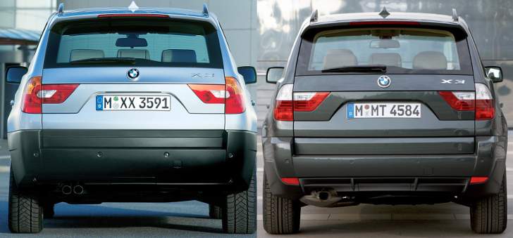 BMW X3 E83 - до и после рестайлинга - сзади